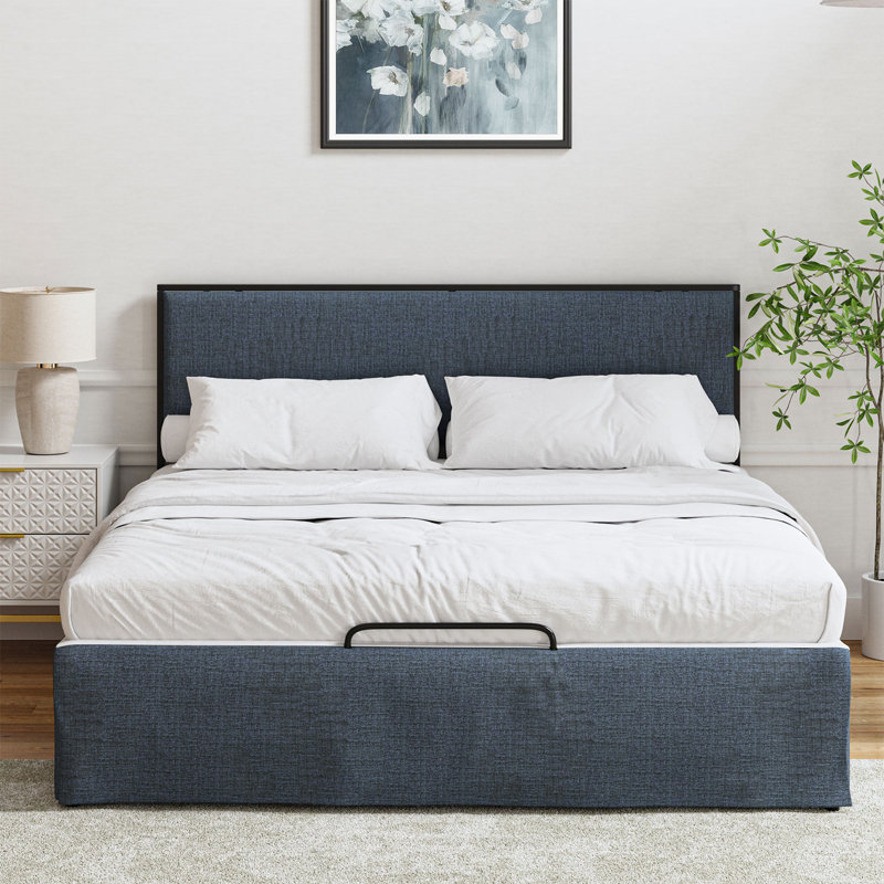 Neilius Upholstered Platform Bed with Washable Slipcover, King, Solid Navy