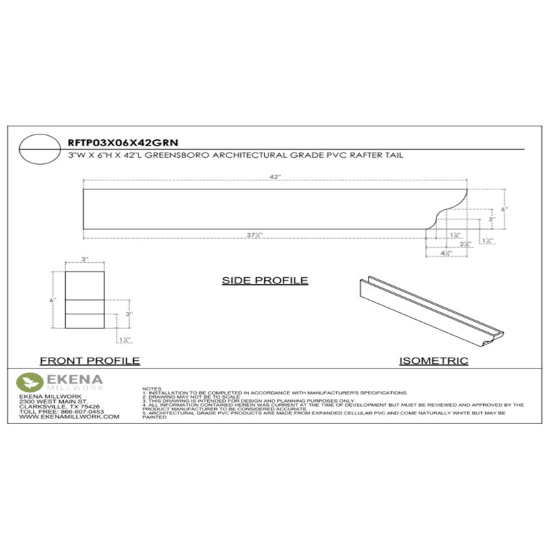 3"W x 6"H x 42"L Standard Greensboro Architectural Grade PVC Rafter Tail, 6"H x 3"W x 42"D