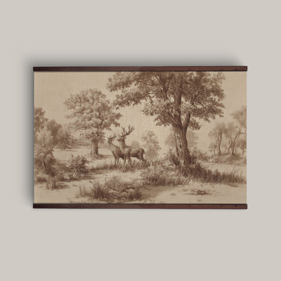 Vintage Woodland Stag Extra LArge Canvas Tapestry Wall Art – Rustic Landscape Two Deer, Farmhouse & Lodge Décor