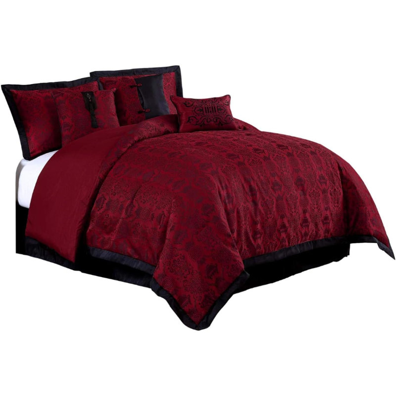 Noble 7-Piece Red Black Jacquard Comforter Set, King Comforter + 2 King Shams