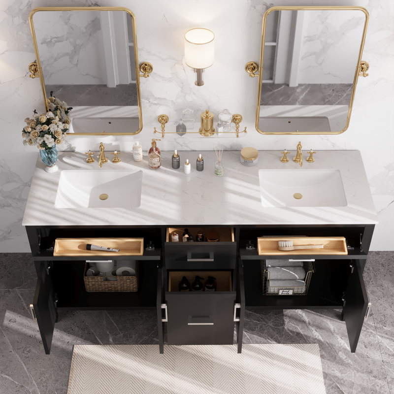 72" Black Double Freestanding Bathroom Vanity with Marble Top