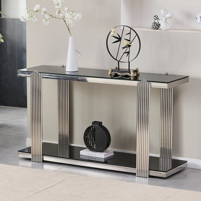 Console à miroir de 55 po, table d'entrée argentée et noire, espace de rangement à deux niveaux, convenant aux salons, aux couloirs et aux entrées.