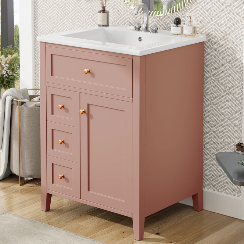 24'' Freestanding Bathroom Vanity With Ceramic Top, Pink