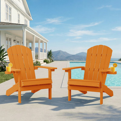 Outdoor Adirondack Chair set of 2 with Cup Holder All-Weather HIPS Patio Chairs for Lawn, Garden, Fire Pit, Backyard
