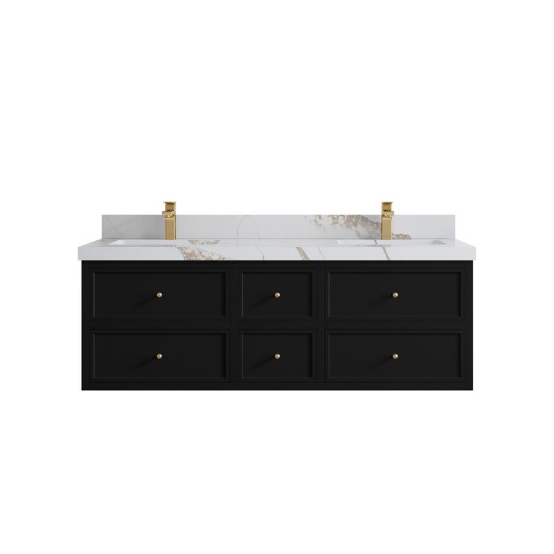 Meuble-lavabo double flottant 60 po avec dessus Roswell, Or Calacatta