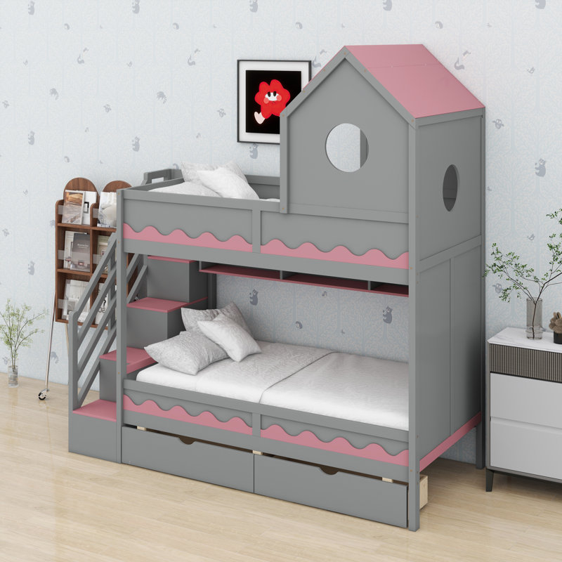 Kids’ Loft Bed Featuring House-Shaped Enclosure, Drawer, Staircase Access, And Integrated LED, Gray