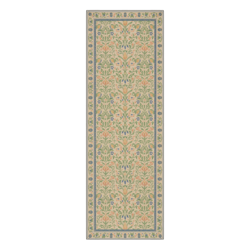 Vineyard Vintage Floral Machine Washable Sage Indoor Area Rug With Non-Slip Backing, Runner 2' x 6'