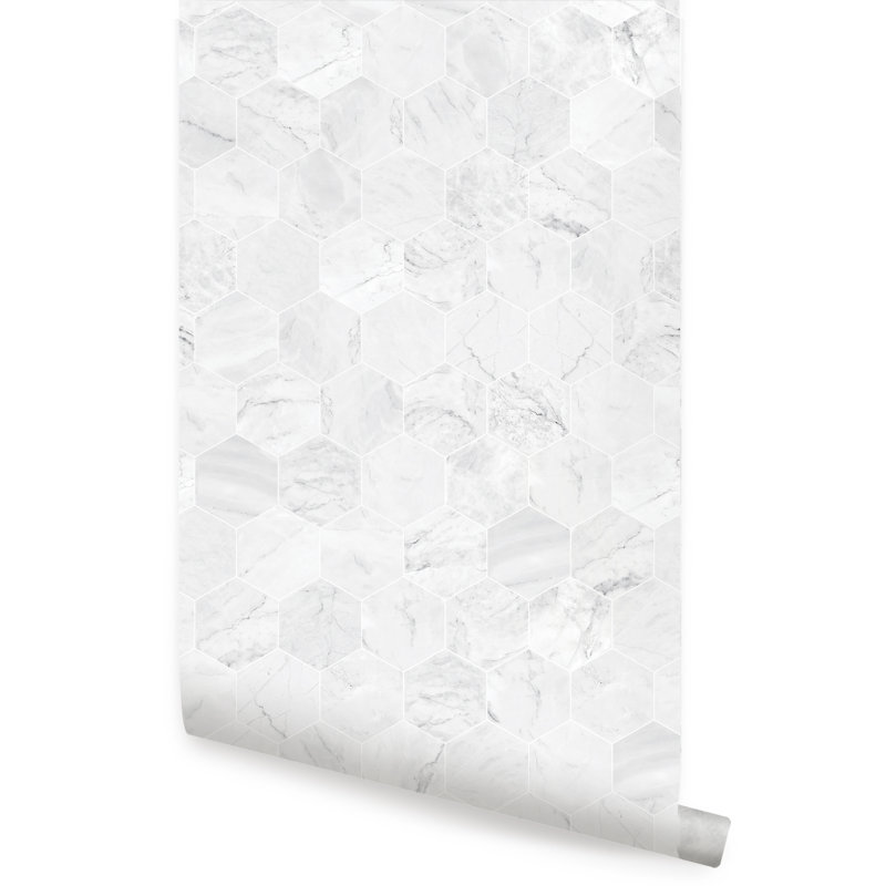 Panneau de papier peint adhésif hexagonal en marbre Murrow, Blanc, L 2 pi x H 18 pi