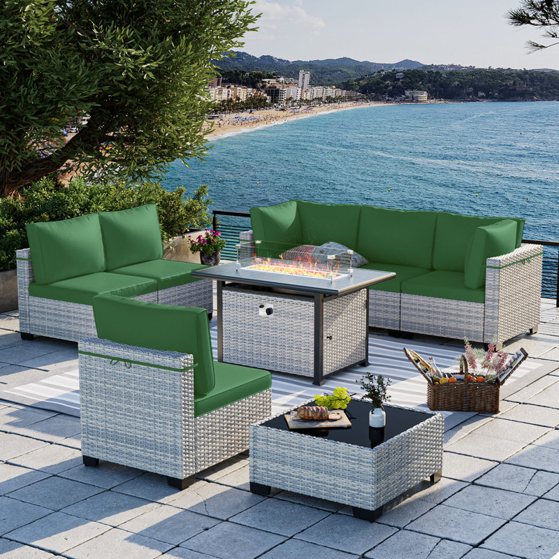 8-Piece Patio Furniture Set, Outdoor Patio Furniture with 55,000 BTU Fire Pit Table, Thick Cushions, Modular Patio Sofa, Dual-Strand Wicker Rattan, Rust-Resistant Frame