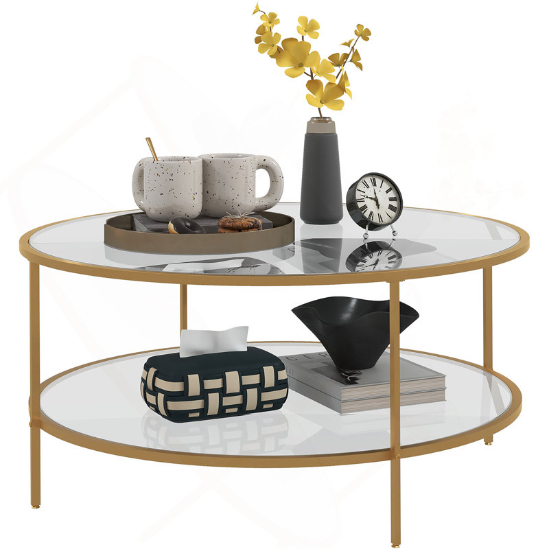 Side Table with Storage, Round End Table, 2-Tier Tempered Glass Coffee Table, 16.9" H x 36" L x 36" W, Gold