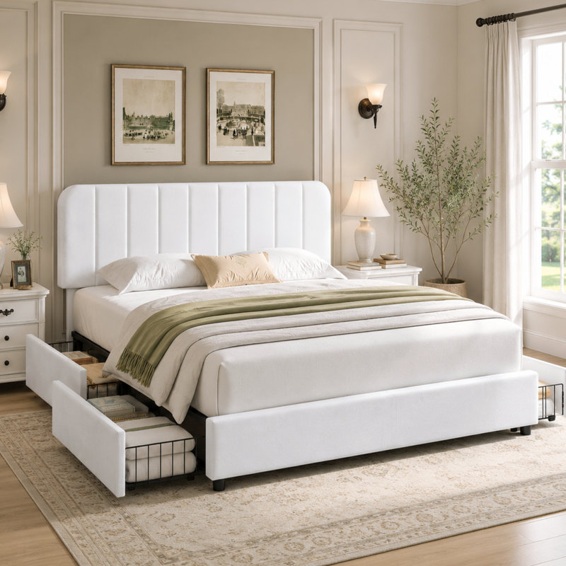 Huntsville 4-Drawer Velvet Upholstered Platform Bed, Queen, White