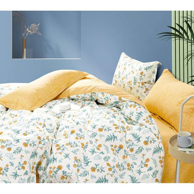 Ensemble d'édredon réversible en coton standard bleu / jaune / blanc , Simple très long simple + 1 taie décorative stan