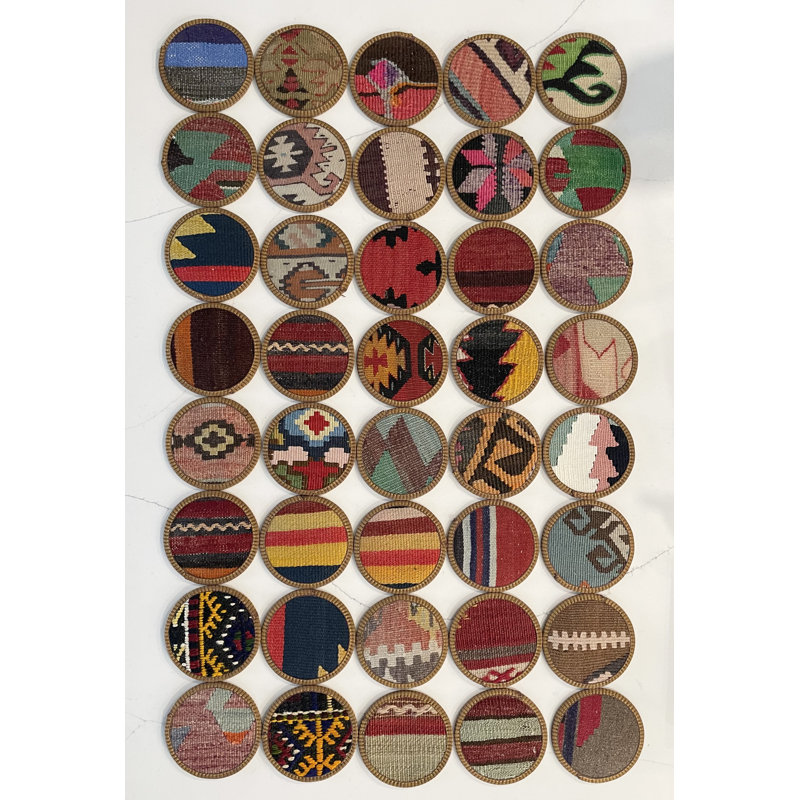 Handmade Multicolor Wool Kilim Coaster Set with Vinyl Backing