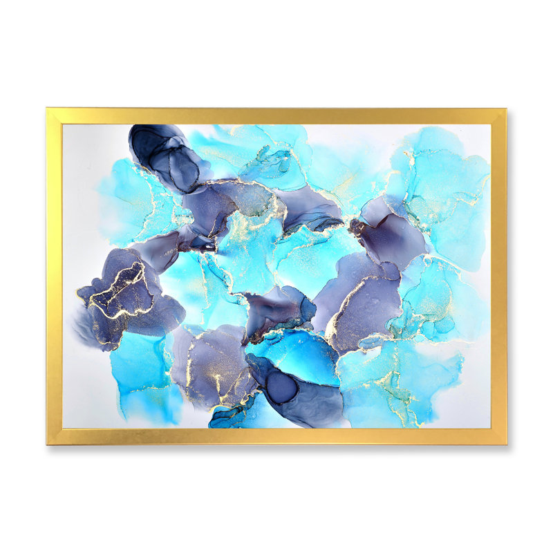 Turquoise de luxe abstrait fluide III - peinture sur toile, H 16 po x l 32 po x P 1 po, Cadre doré