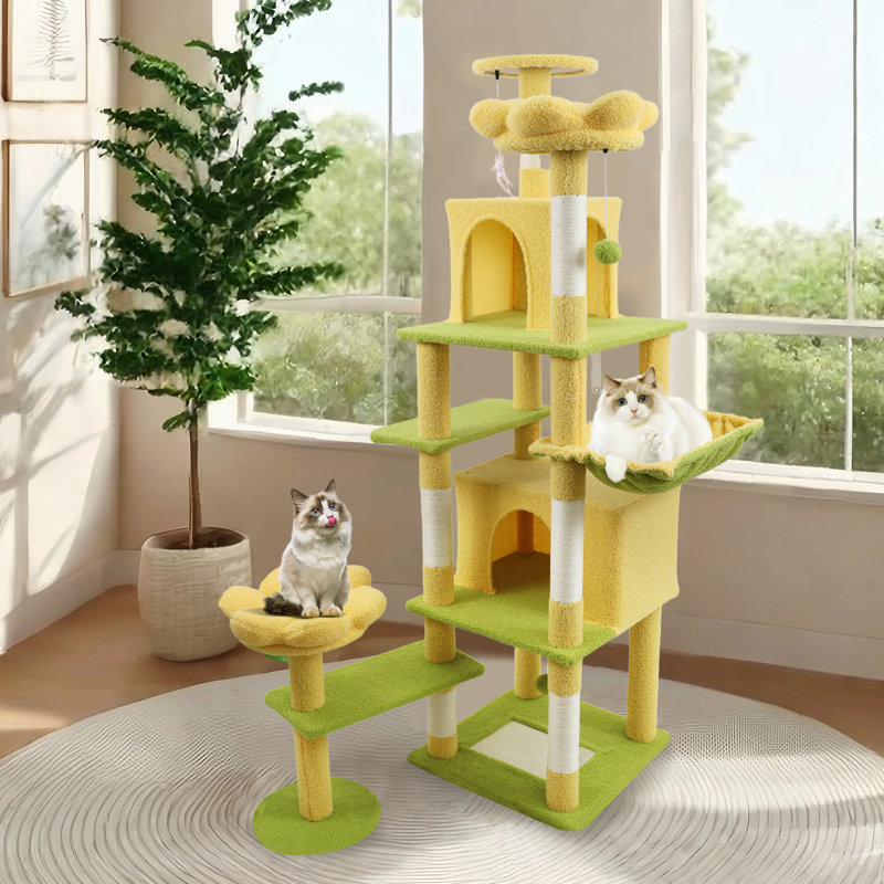 Arbre à chat 71 pouces avec grand coussin de fleurs amovible et hamac
