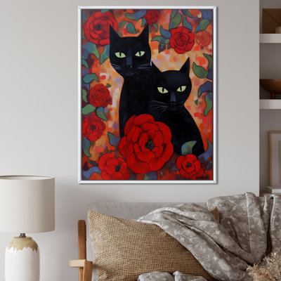 Deux chats noirs avec des roses rouges - imprimé