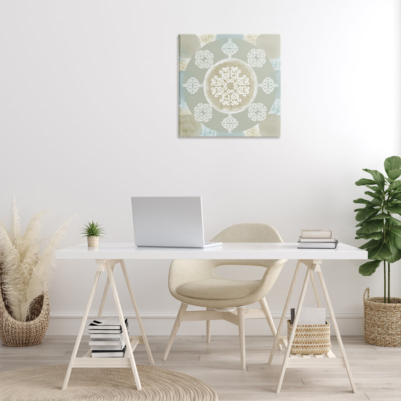 «Mint & Beige Mandala Floater», art mural sur toile par Flora Kouta, H 24 po x l 24 po x P 1,5 po