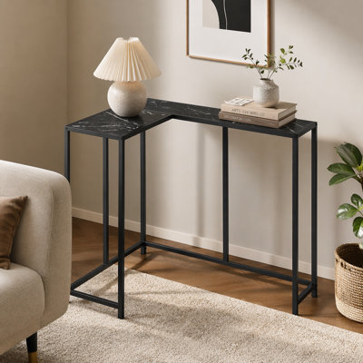 Table d'appoint, console, vestibule, étroit, d'angle, salon, chambre à coucher, stratifié aspect marbre noir, métal noir, contemporain, moderne
