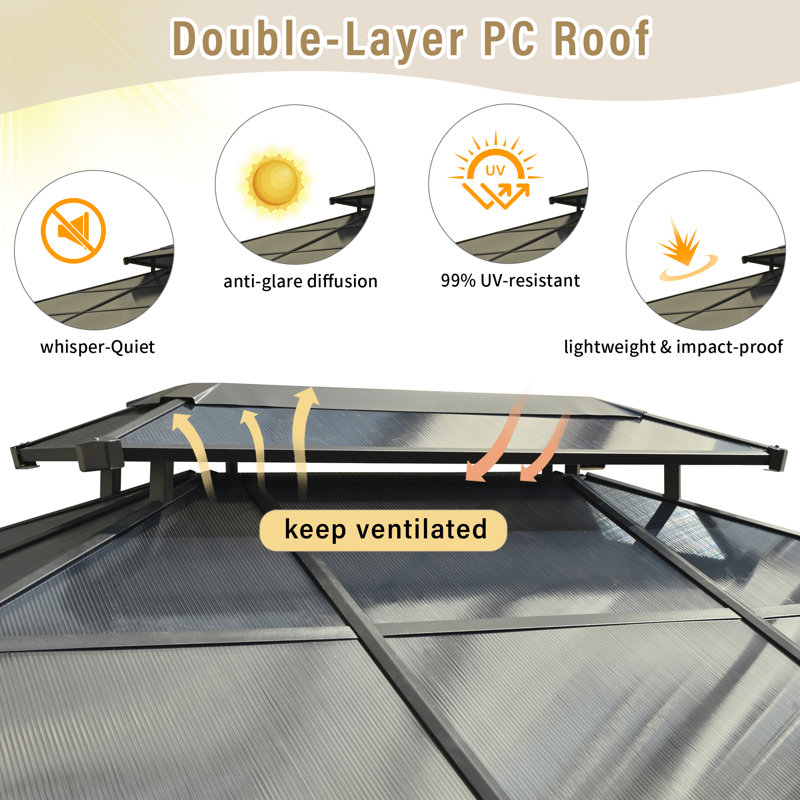 Pavillon de jardin 10 pi x 12 pi Roomfitter avec toit en PC double couche, structure en acier, moustiquaire et rideaux pour patio, cour arrière, beige