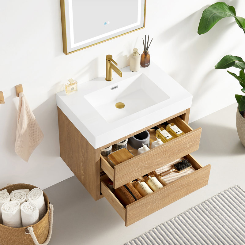 Wall-Mounted Single Bathroom Vanity Set with LED Mirror, North American Oak Finish, White, 30"