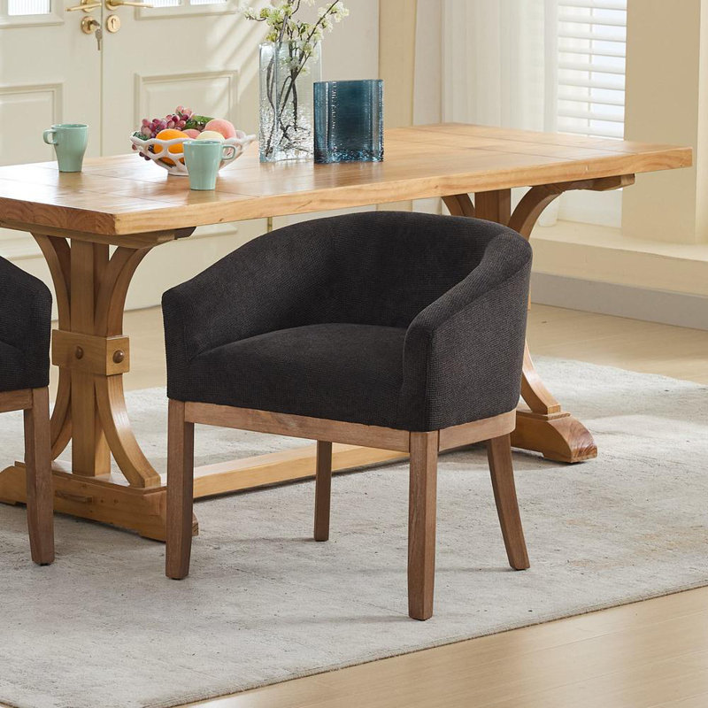 Mid-Century Modern Upholstered Barrel Armchair – Farmhouse Linen Dining Chair with Solid Hardwood Frame, 19”W, Anti-Scratch Legs, Versatile for Kitchen, Office & Living Room – Easy Assembly