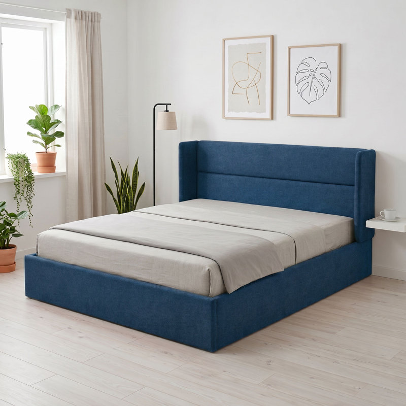 Lit plateforme tapissier avec rangement Gaillarde, Bleu pierre, Très grand