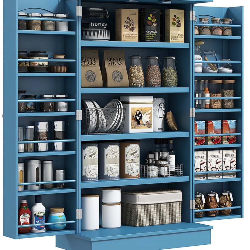 Garde-manger de 41 po, 12 tablettes de porte, 5 tablettes réglables, bleu, ajoute du style et du rangement à votre rangement, armoire bleue avec étagère pour plus d'espace