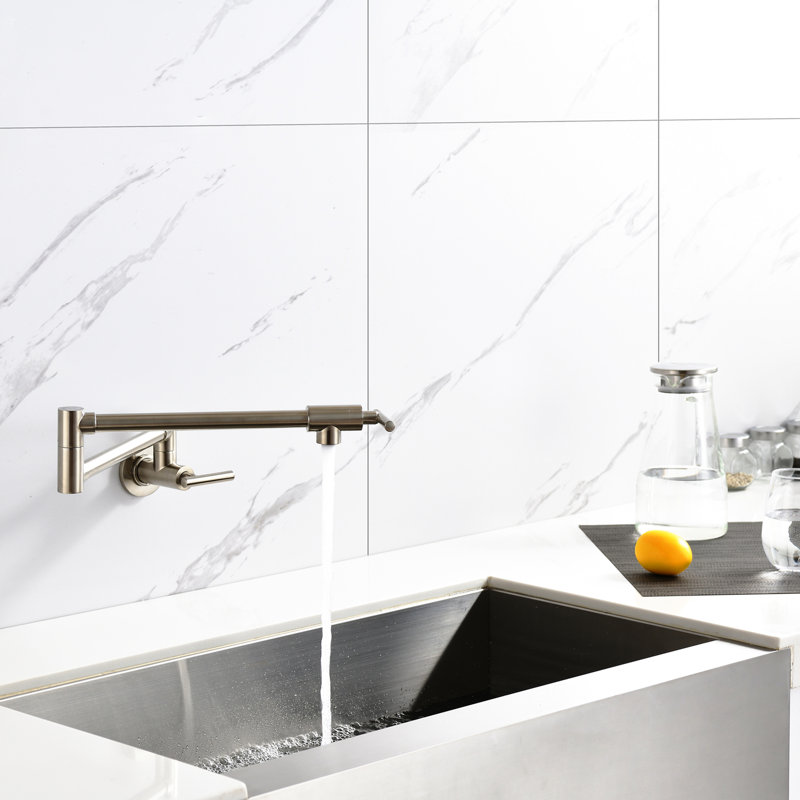 Robinet de remplissage de pot en nickel brossé avec fixation murale et fonction de pliage - bras pour une utilisation pratique, poignées doubles pour gérer le débit d'eau, cuisine montée sur traitement de surface à la corrosion avec un rendement efficace,