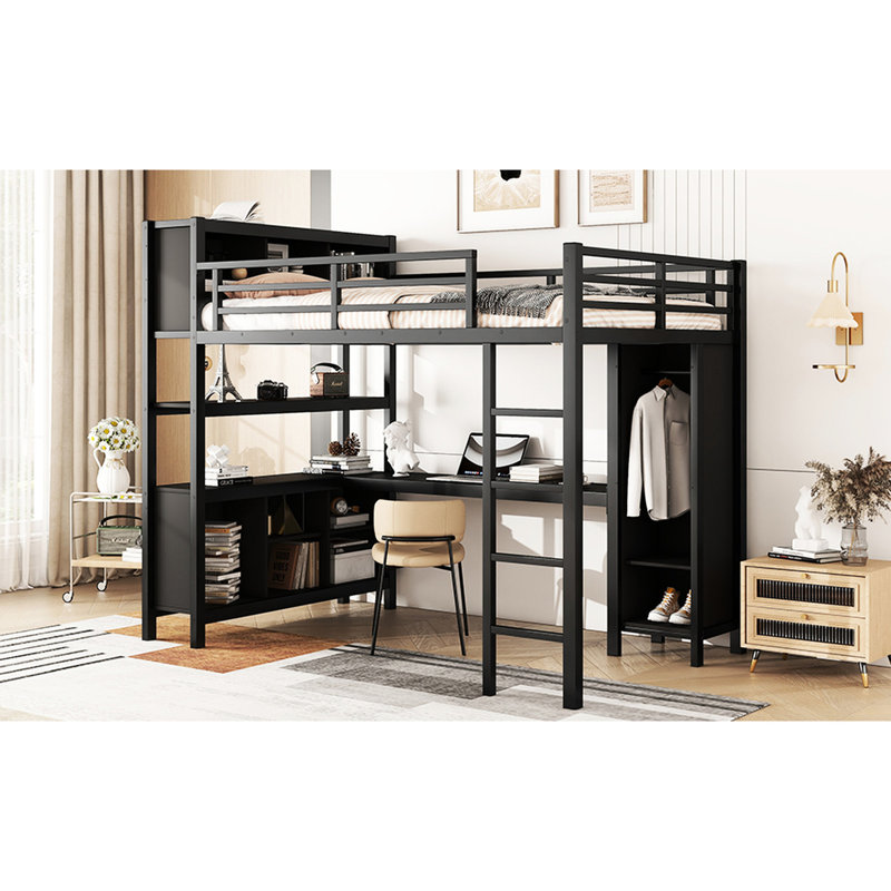 Lit mezzanine double en métal noir avec rangement et garde-robe, bureau pour adolescents en forme de L en noir, garde-robe pour adultes,