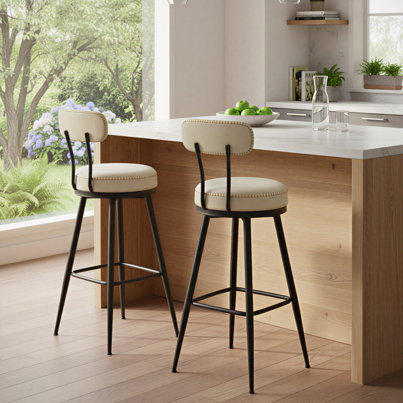Tabourets Angelleah avec dossier, cuir synthétique, Tabouret de bar (siège d'une hauteur de 30 po) , Blanc, crème