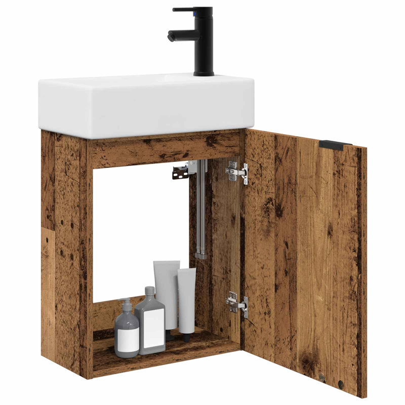 Single Bathroom Vanity with Ceramic Basin, Old Wood