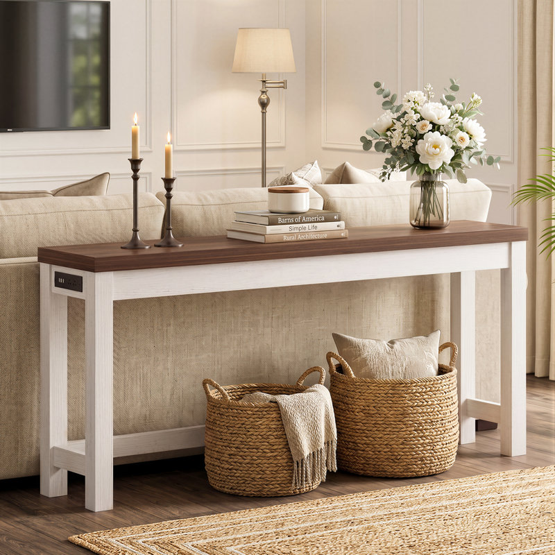 Console 63 pouces avec prise de courant, Blanc, Chêne brun