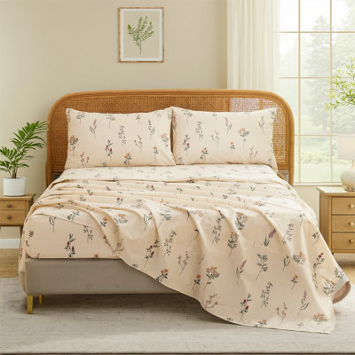 Cream Floral Sheets Set Queen Size 100% Cotton, 4 Pieces, Soft & Breathable Percale Weave Bedding, Deep Pocket 17.5", Crisp Cool Feeling, Durable,  Cute Floral Bed Sheet