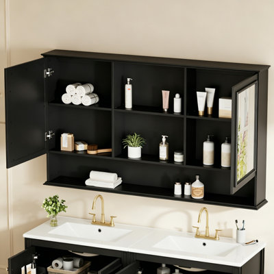 Baume 60" Wide Surface-Mount White Bathroom Medicine Cabinet With Double Mirrored Doors And Open Shelving
