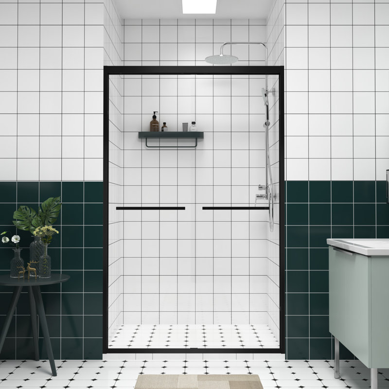 Porte de douche coulissante double 76 po avec poignée pour suspendre les serviettes, cadre en aluminium noir, guide d'installation facile