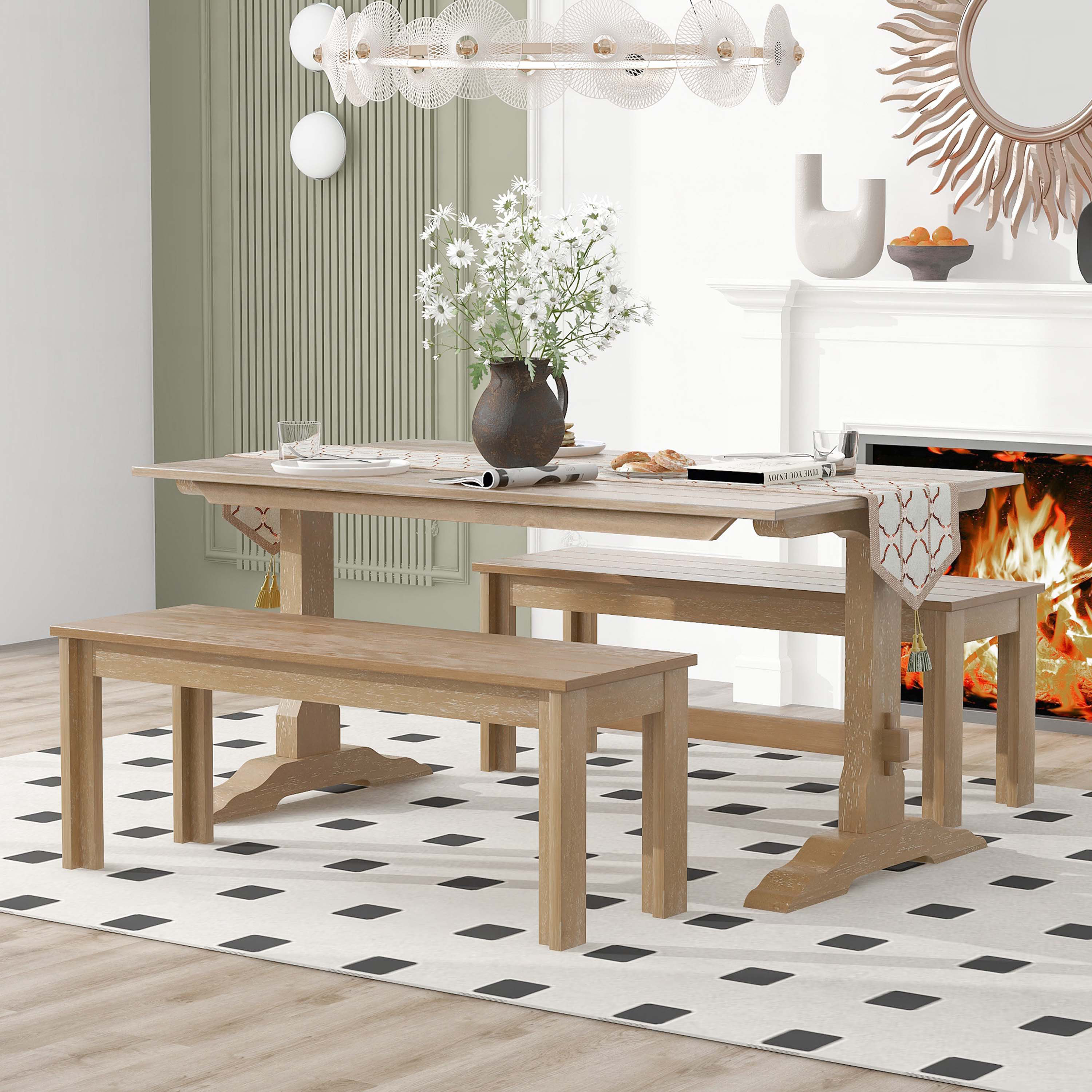 Gracie Oaks TREXM 3-Piece Retro Dining Set, Rectangular Trestle Table ...