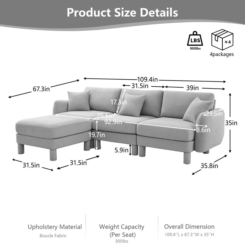 Canapé modulaire en L convertible en tissu avec accoudoirs en coquille Boucle, canapé moderne à 3 places avec repose-pieds amovible et pieds cylindriques, revêtement en polyester doux