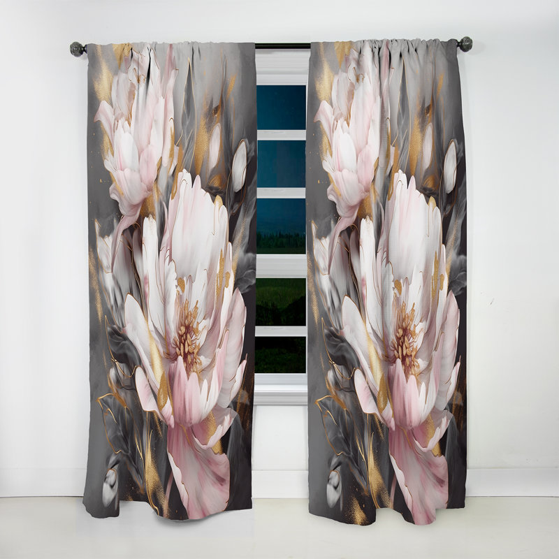 Rideau en velours floral - 1 panneau rose et gris pivoines Elegance II, L 52 po x L 120 po
