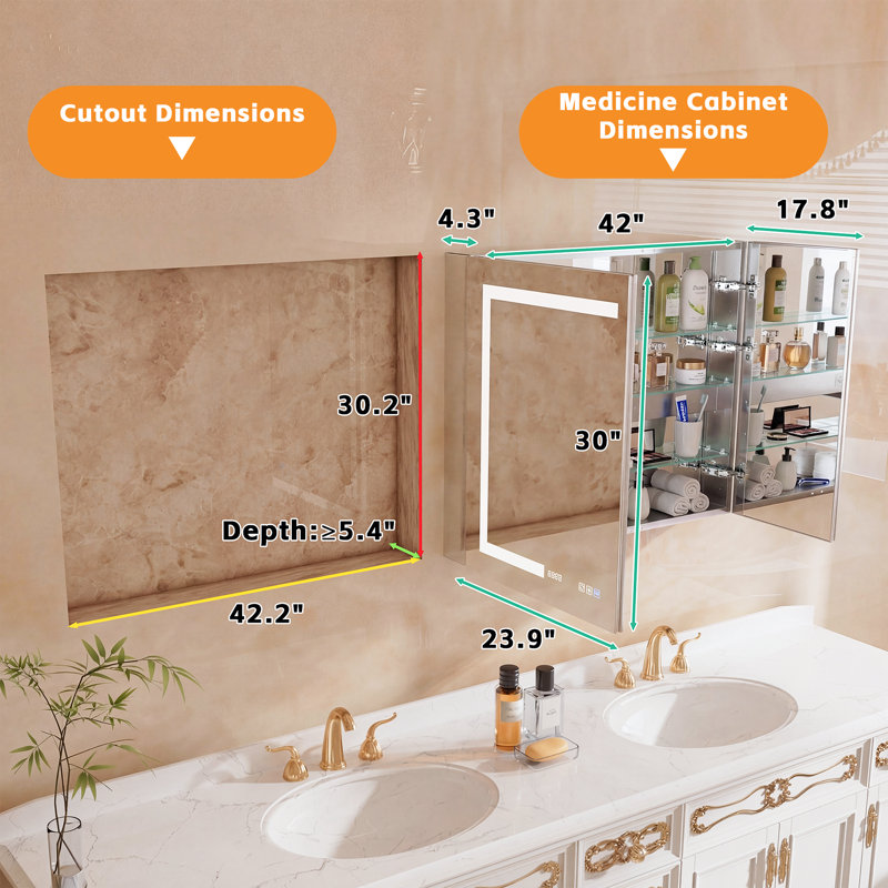 Pharmacie de salle de bain éclairée avec miroir intelligent, l 42 po x H 30 po, à intensité variable, affichage de l'heure et de la température, anti-buée, prise et USB intégrées, tablette réglable