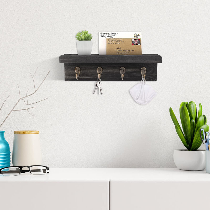 Porte-clés rustique pour mur, tablette murale de ferme avec 4 crochets, porte-clés mural, Noir
