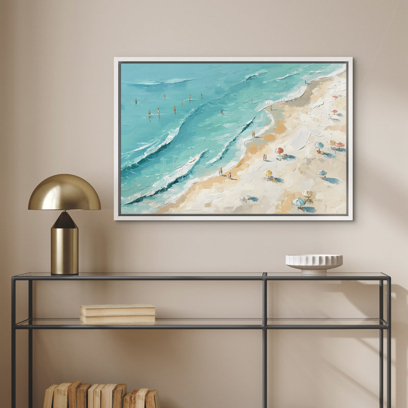 Vue aérienne de la plage d'été, vagues et parapluies, vue sur la mer, H 24 po x l 36 po x P 1,5 po, Blanc
