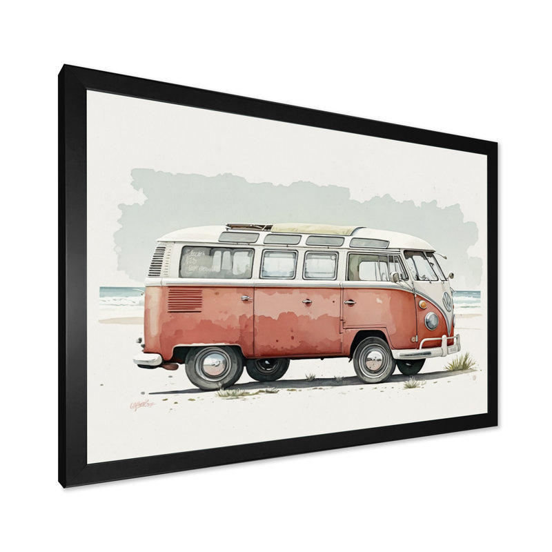 Van sur la plage - salon d'art mural de voiture rétro, L 32 po x H 16 po, Cadre photo noir