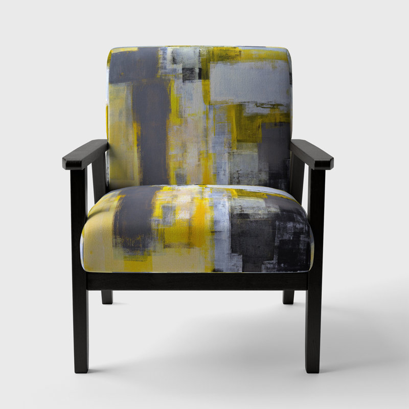 'Gingell - Grey And Yellow Blur Abstract - Upholstered Mid-Century Accent Arm Chair