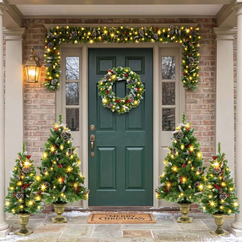 6PCS Christmas Tree Set – 4 Trees with Sturdy Bases, 1 Pre-Lit Wreath, 1 Garland, Warm White Lights, Easy to Shape & Wobble-Free