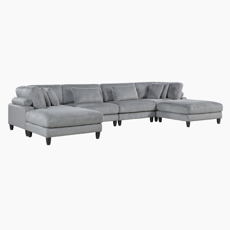 Loowit 120"W Modern 6-Piece Corduroy U-Shaped Modular Sectional with Dual Ottomans – Customizable Sofa with Reversible Cushions & Matching Pillows