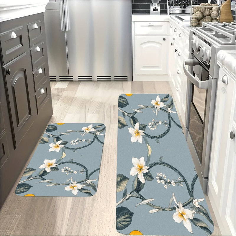2-Pack Ornate European Kitchen Floor Mats, Blue Floral