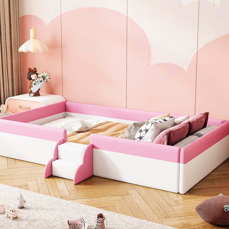 Lit simple tapissier rose et blanc avec escaliers de clôture, construction, 10 lattes pour une utilisation durable en éponge de polyuréthane, durabilité accrue
