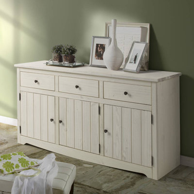  Farmhouse Solid Pine Buffet Sideboard Cabinet with 3 Drawers and 3 Storage Doors – Cottage Style Dining Room Storage Cabinet in Distressed White