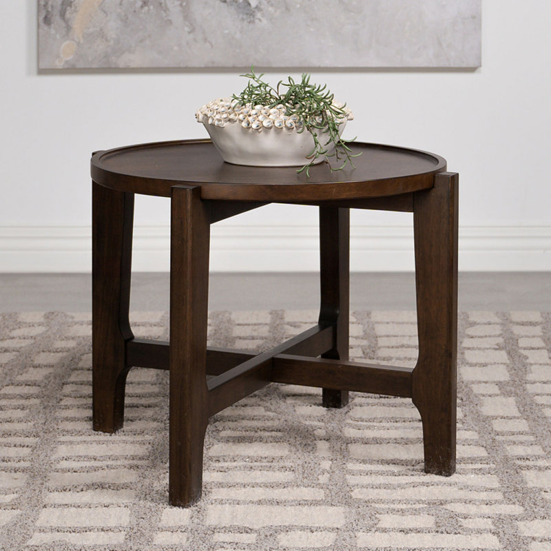 Table de bout ronde en bois massif brun foncé