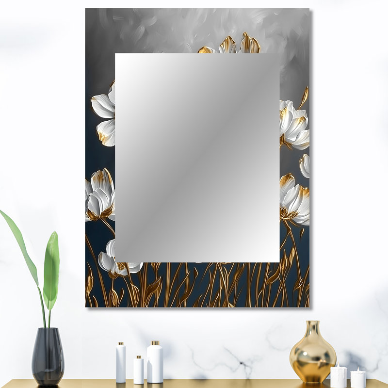 Cornflowers en blanc et tons dorés II - miroir mural unique, fleurs traditionnelles, 40 po x 30 po